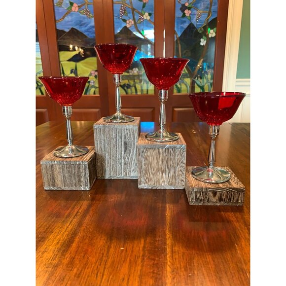 Vintage Cambridge Tally Ho Ruby Red And Chrome Liquor Glasses. 1930s - Picture 1 of 15